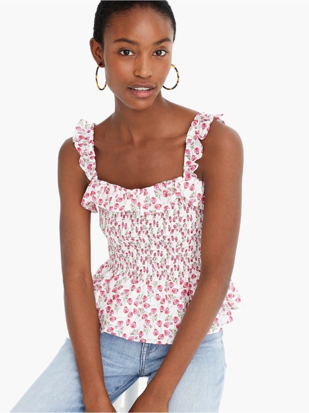 J. Crew ruffle tank top liberty floral Small smocked pink pansies summer travel
